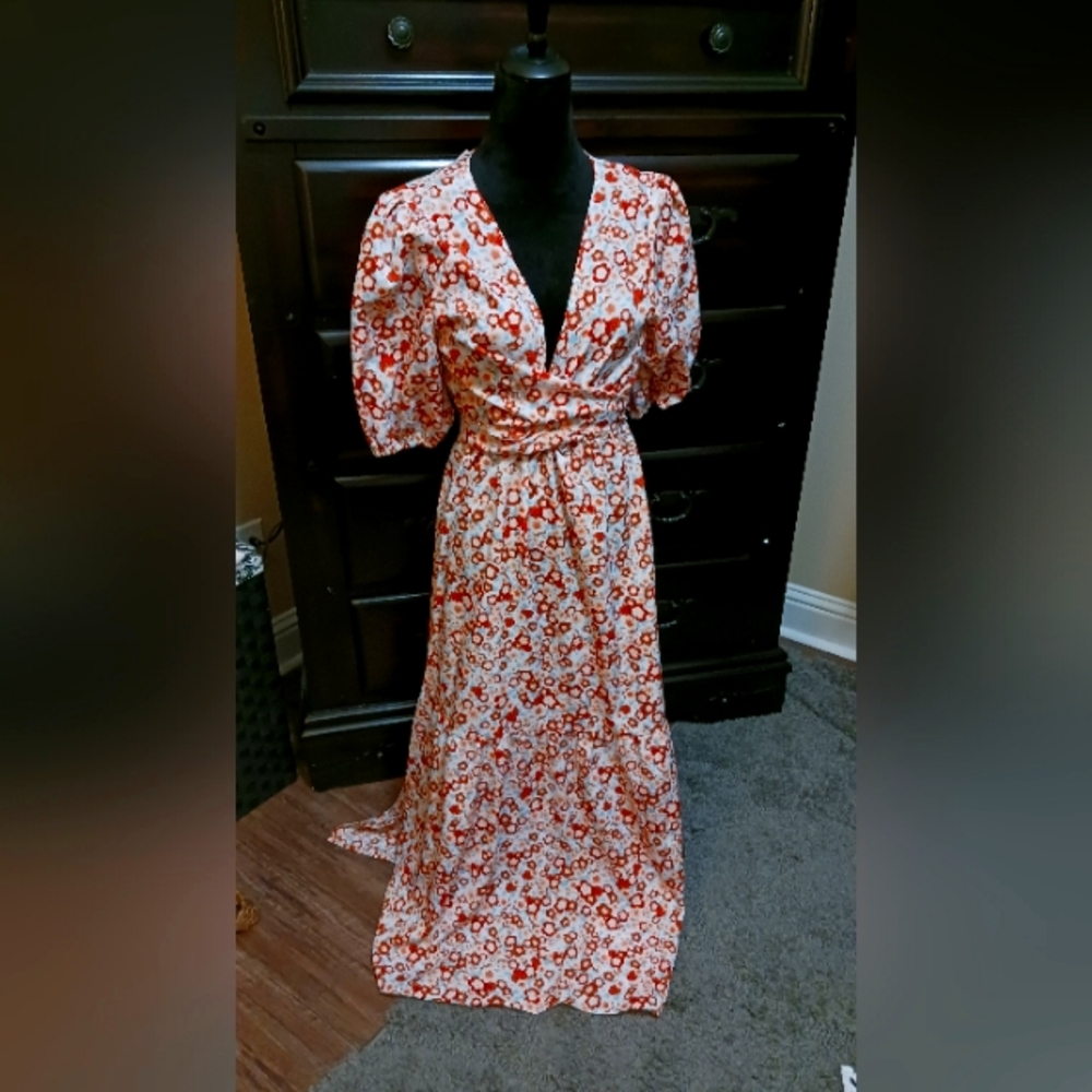 Floral Red and White Wrap Dress